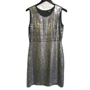 DKNY Silver Zinc Sequin Silk Shift Cocktail Dress